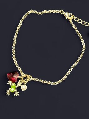 Betsey Johnson Gold Charm Bracelet Frog Heart Crystal Pearl Adjustable